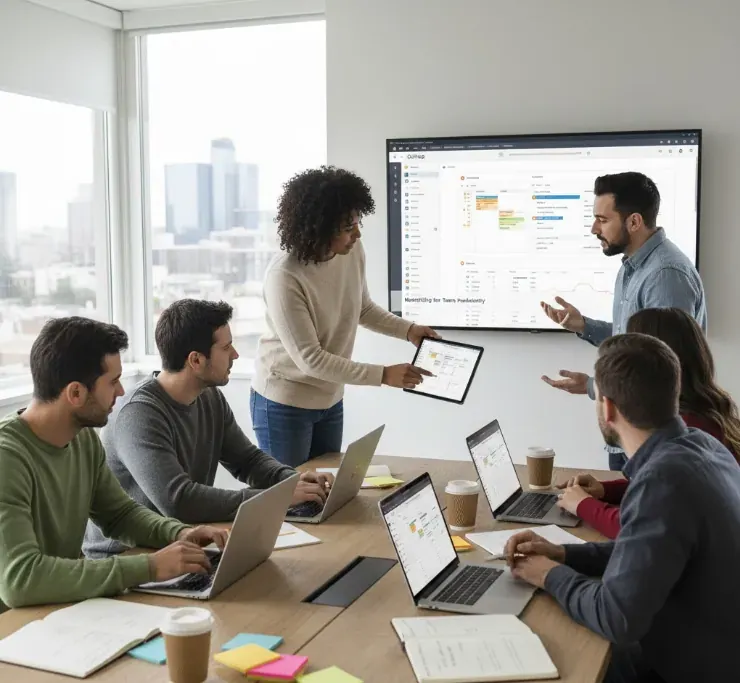 Time discutindo indicadores exibidos na tela da sala de reunião
